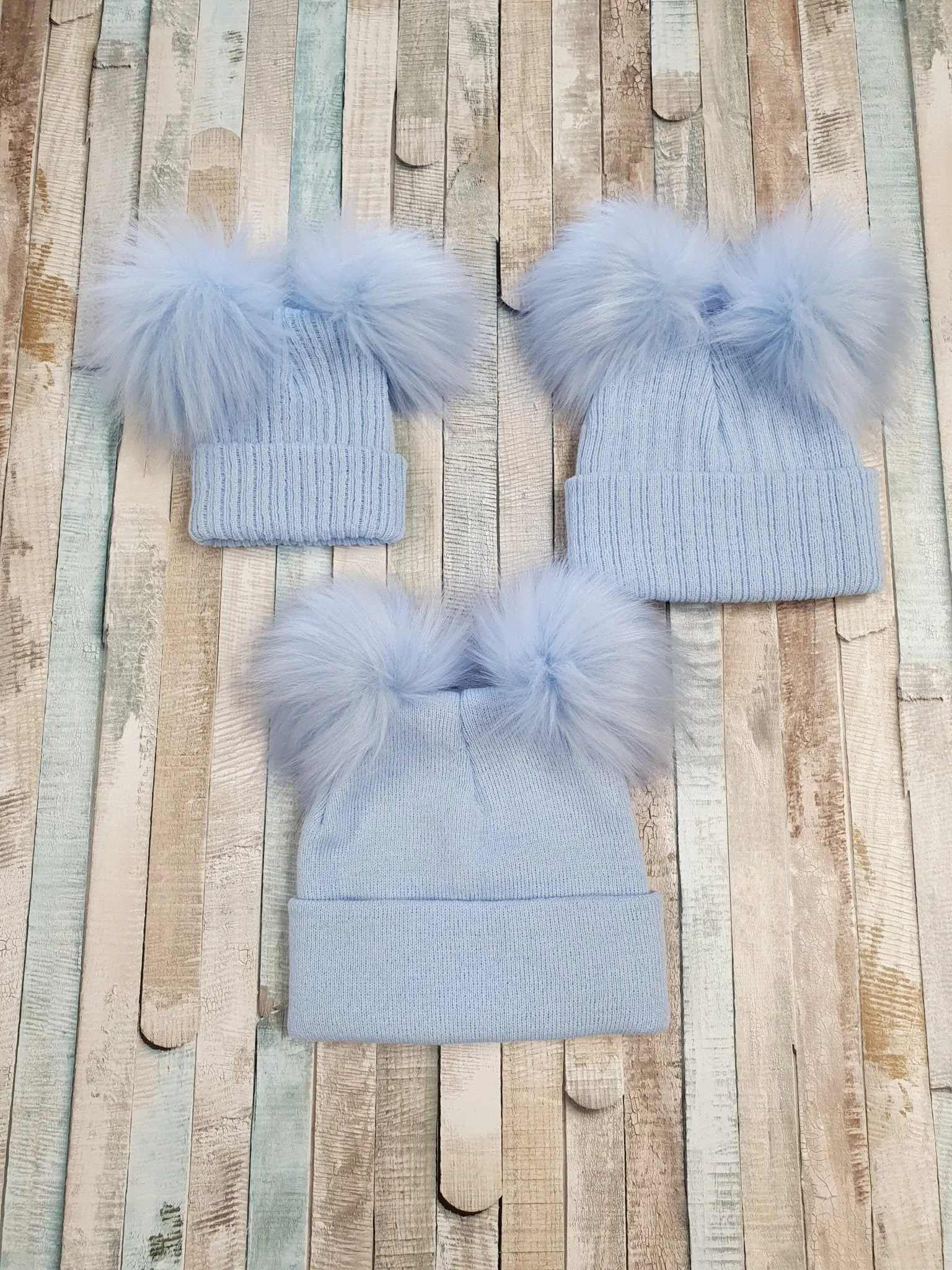 Personalised Baby Blue Knitted Double Blue Fluffy Faux Fur Pom Hat