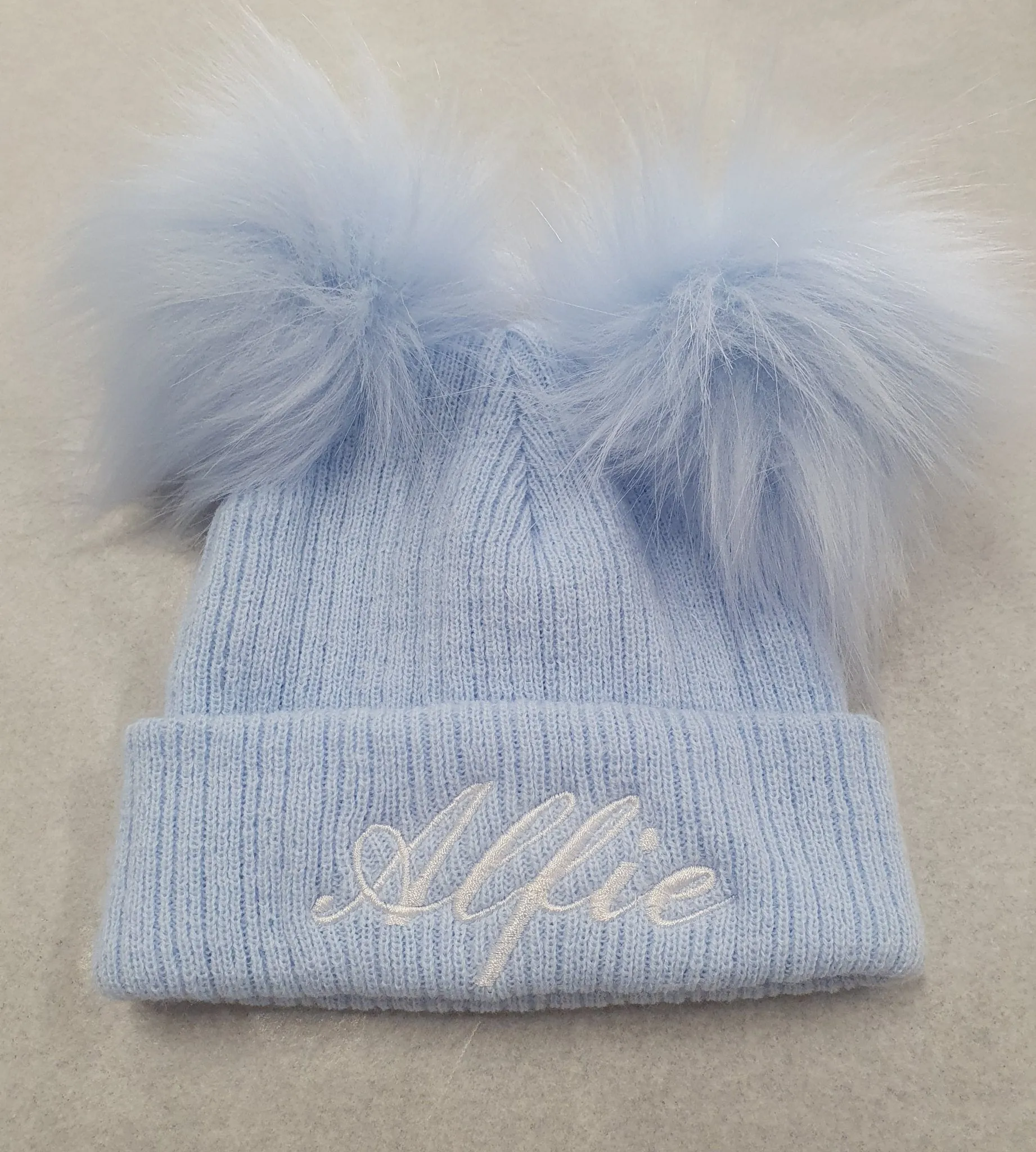 Personalised Baby Blue Knitted Double Blue Fluffy Faux Fur Pom Hat