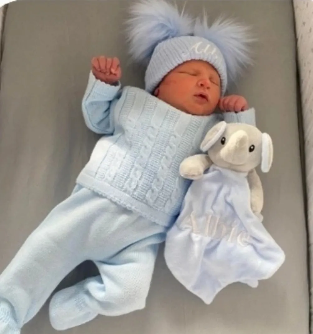 Personalised Baby Blue Knitted Double Blue Fluffy Faux Fur Pom Hat