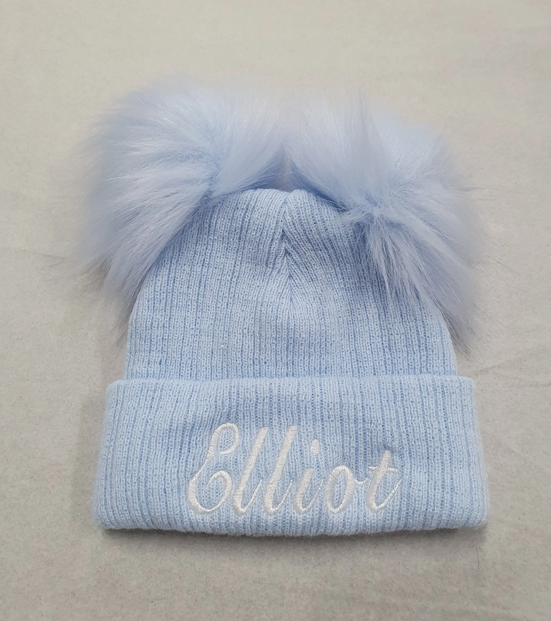 Personalised Baby Blue Knitted Double Blue Fluffy Faux Fur Pom Hat