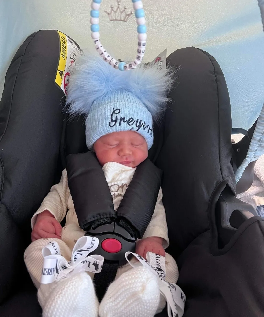 Personalised Baby Blue Knitted Double Blue Fluffy Faux Fur Pom Hat