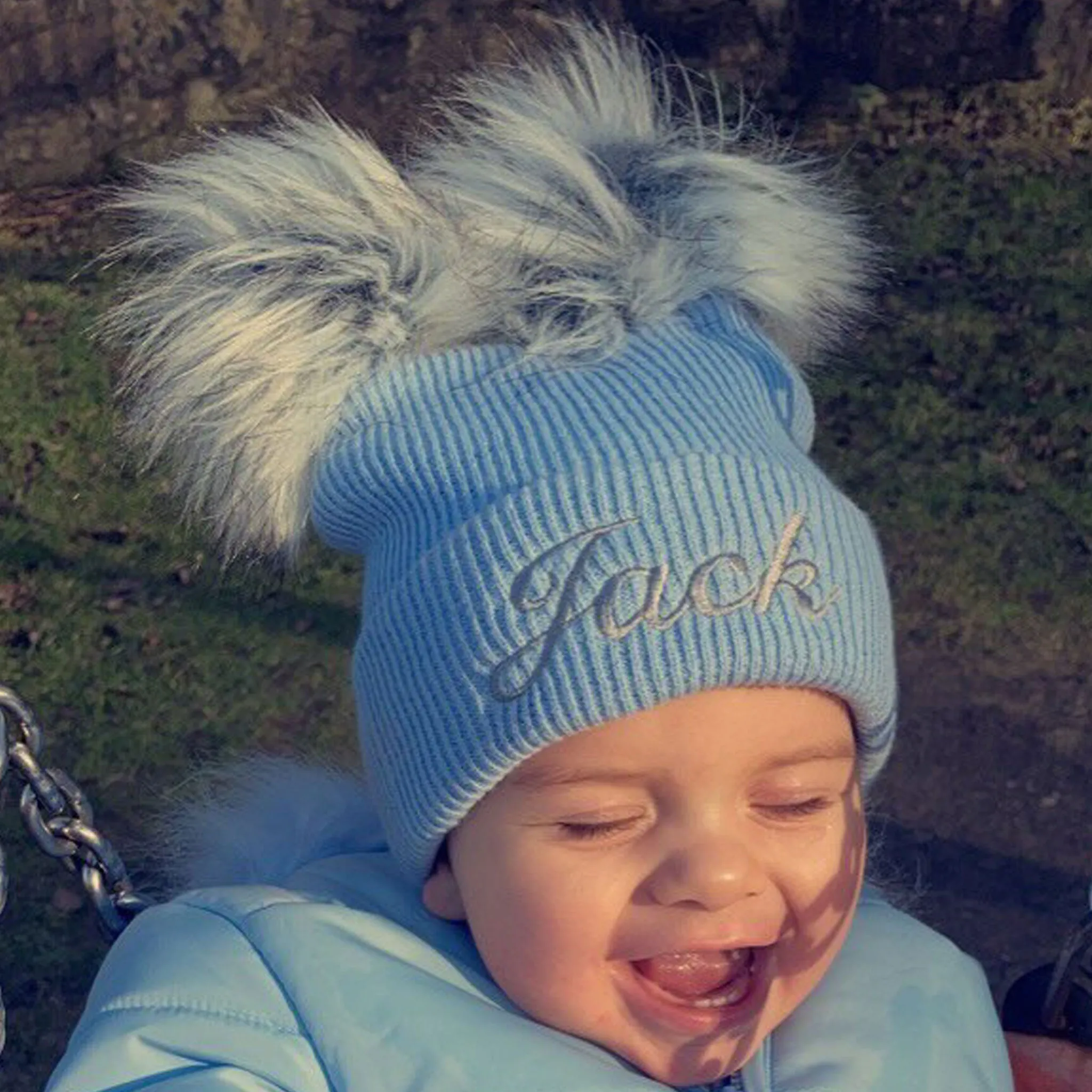 Personalised Baby Hat - Baby Blue Double Pom
