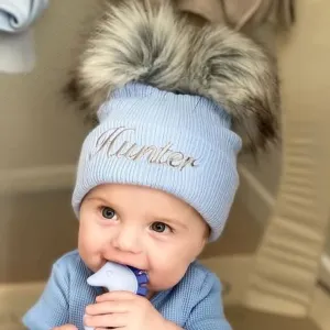 Personalised Baby Hat - Baby Blue Double Pom