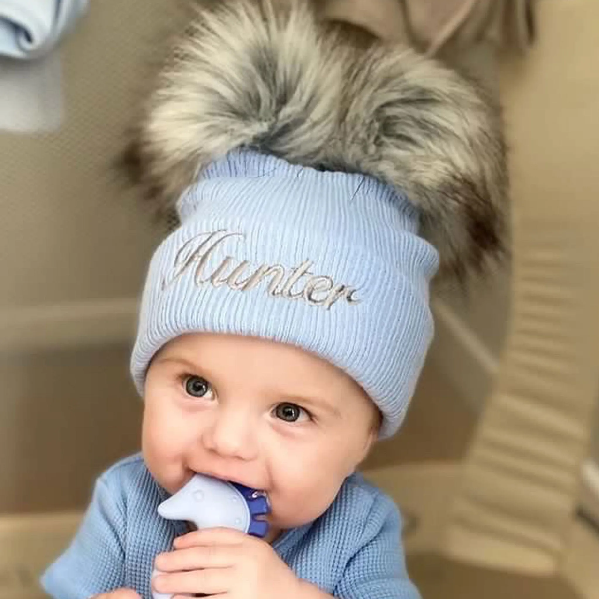 Personalised Baby Hat - Baby Blue Double Pom