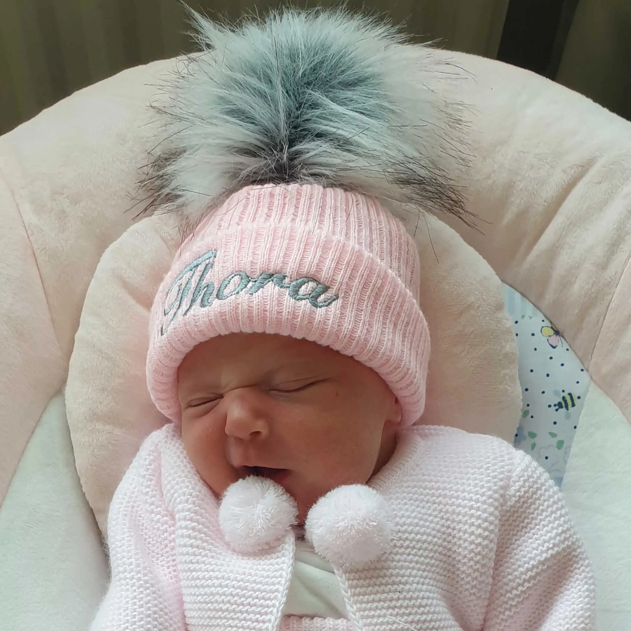 Personalised Baby Hat - Pink Pom Pom Hat