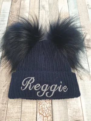 Personalised Baby Navy Knitted Double Navy Fluffy Faux Fur Pom Hat