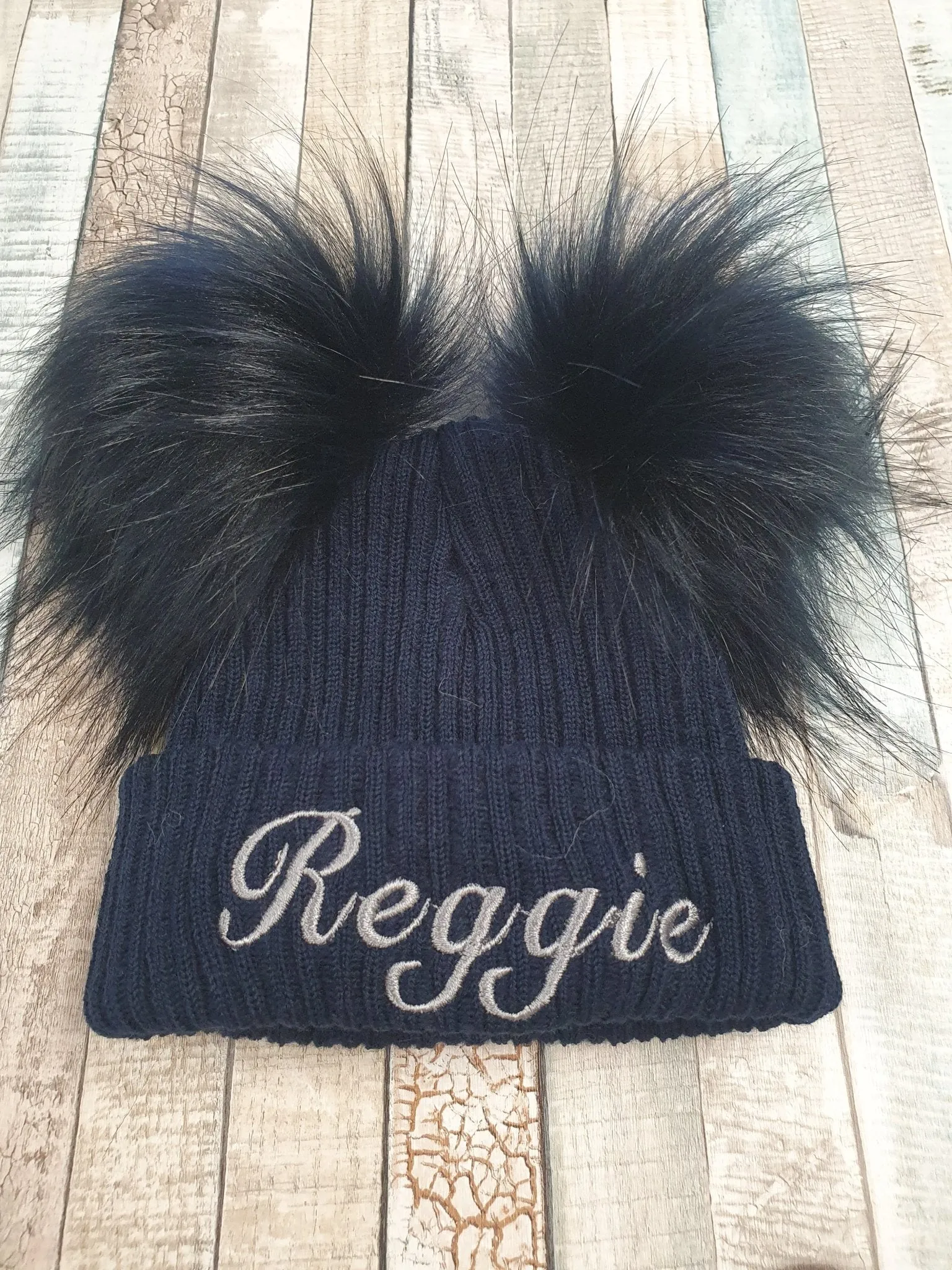 Personalised Baby Navy Knitted Double Navy Fluffy Faux Fur Pom Hat