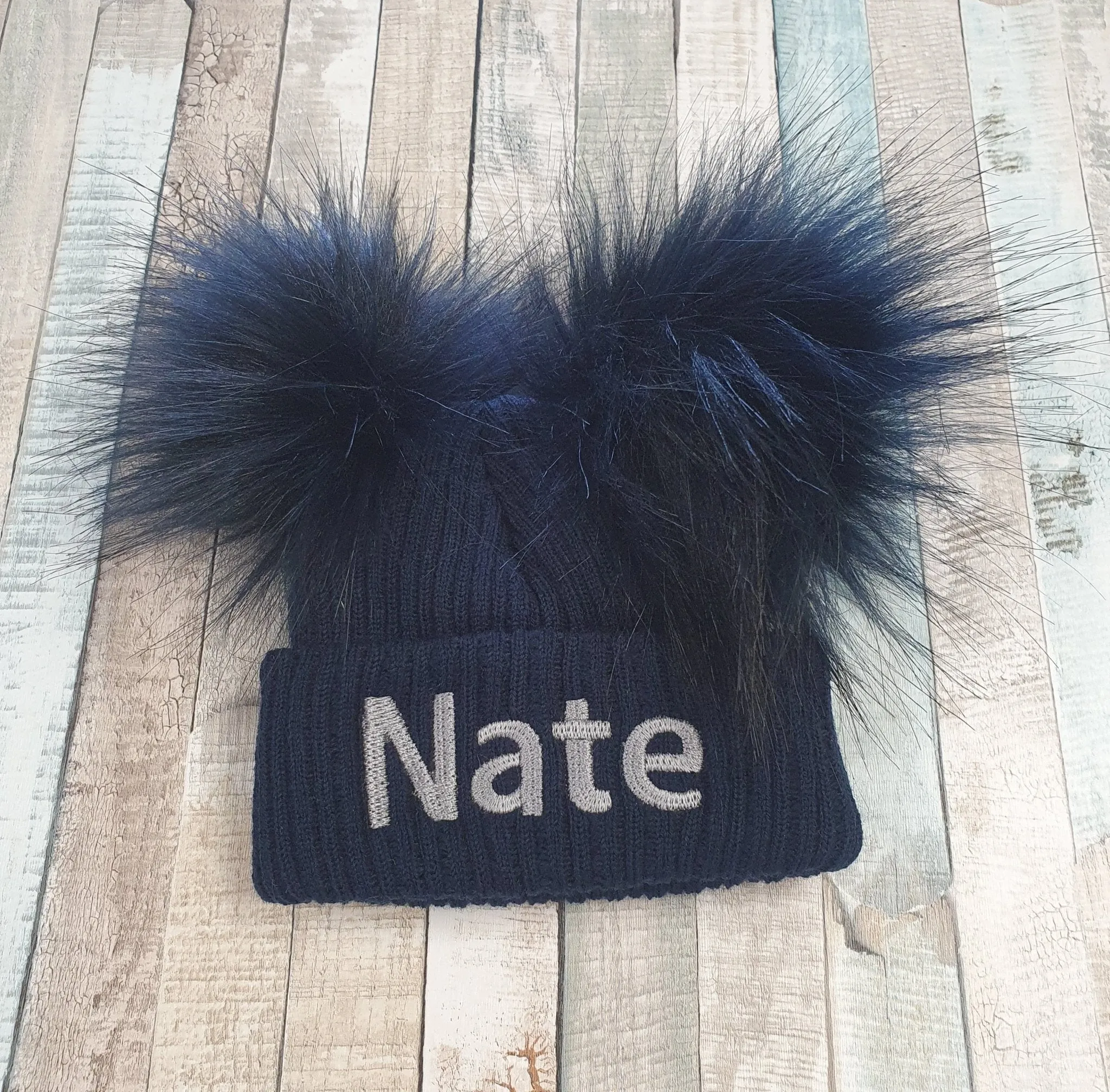 Personalised Baby Navy Knitted Double Navy Fluffy Faux Fur Pom Hat
