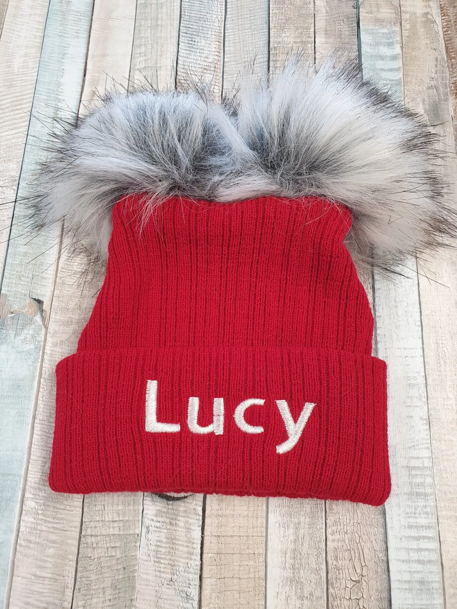 Personalised Baby Red Knitted Double Grey Fluffy Faux Fur Pom Hat