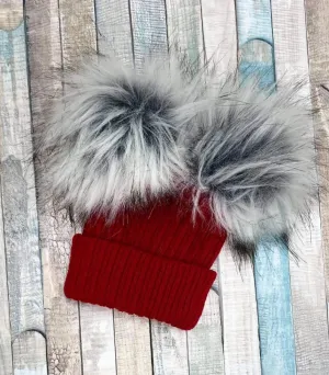 Personalised Baby Red Knitted Double Grey Fluffy Faux Fur Pom Hat