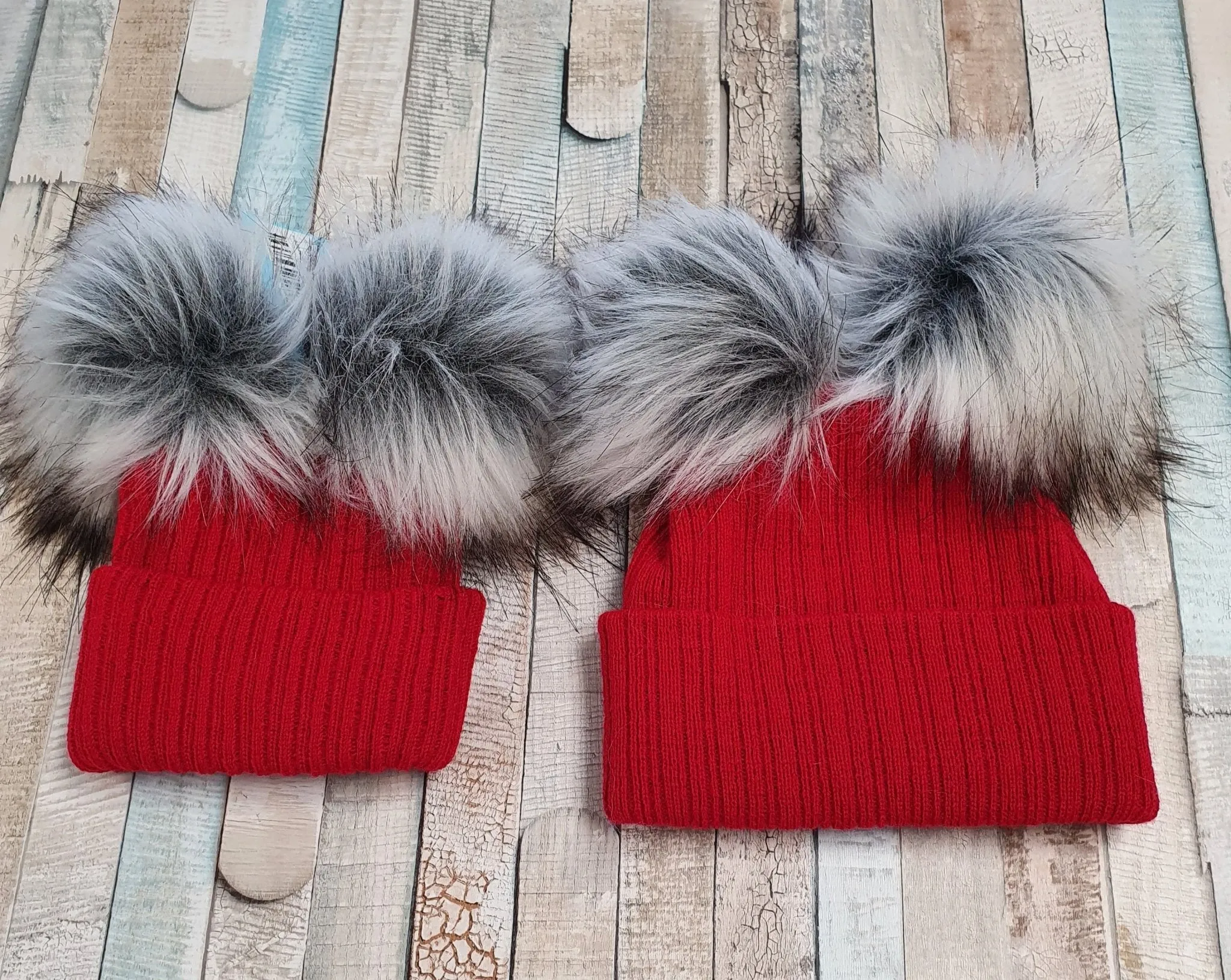 Personalised Baby Red Knitted Double Grey Fluffy Faux Fur Pom Hat