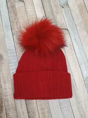 Personalised Baby Red Knitted Single Red Fluffy Faux Fur Pom Hat