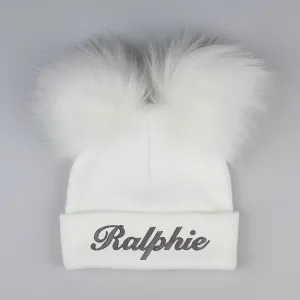Personalised Pastel White Double Pom Hat - 2 to 6 years