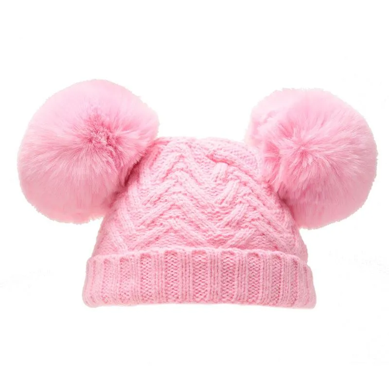 Pink 'Chevron' Knit Double Pom Pom Hat w/Cotton Lining  (0-6 Months) H630-P-SM