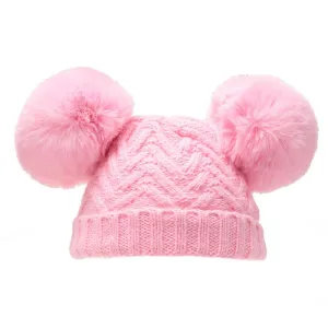 Pink 'Chevron' Knit Double Pom Pom Hat w/Cotton Lining  (0-6 Months) H630-P-SM