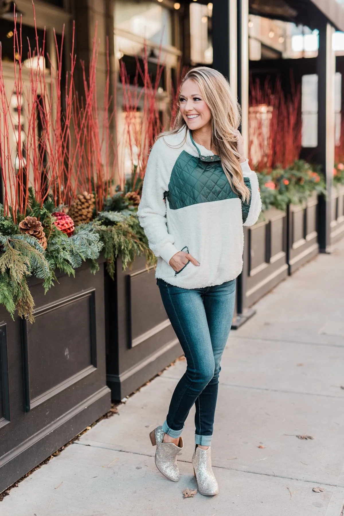Quilted Sherpa Pullover- Ivory & Hunter Green