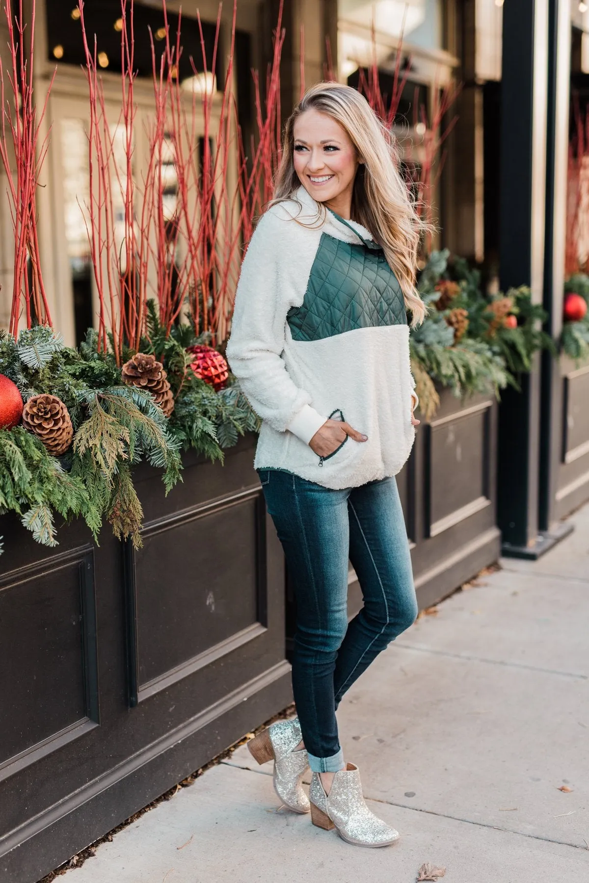 Quilted Sherpa Pullover- Ivory & Hunter Green