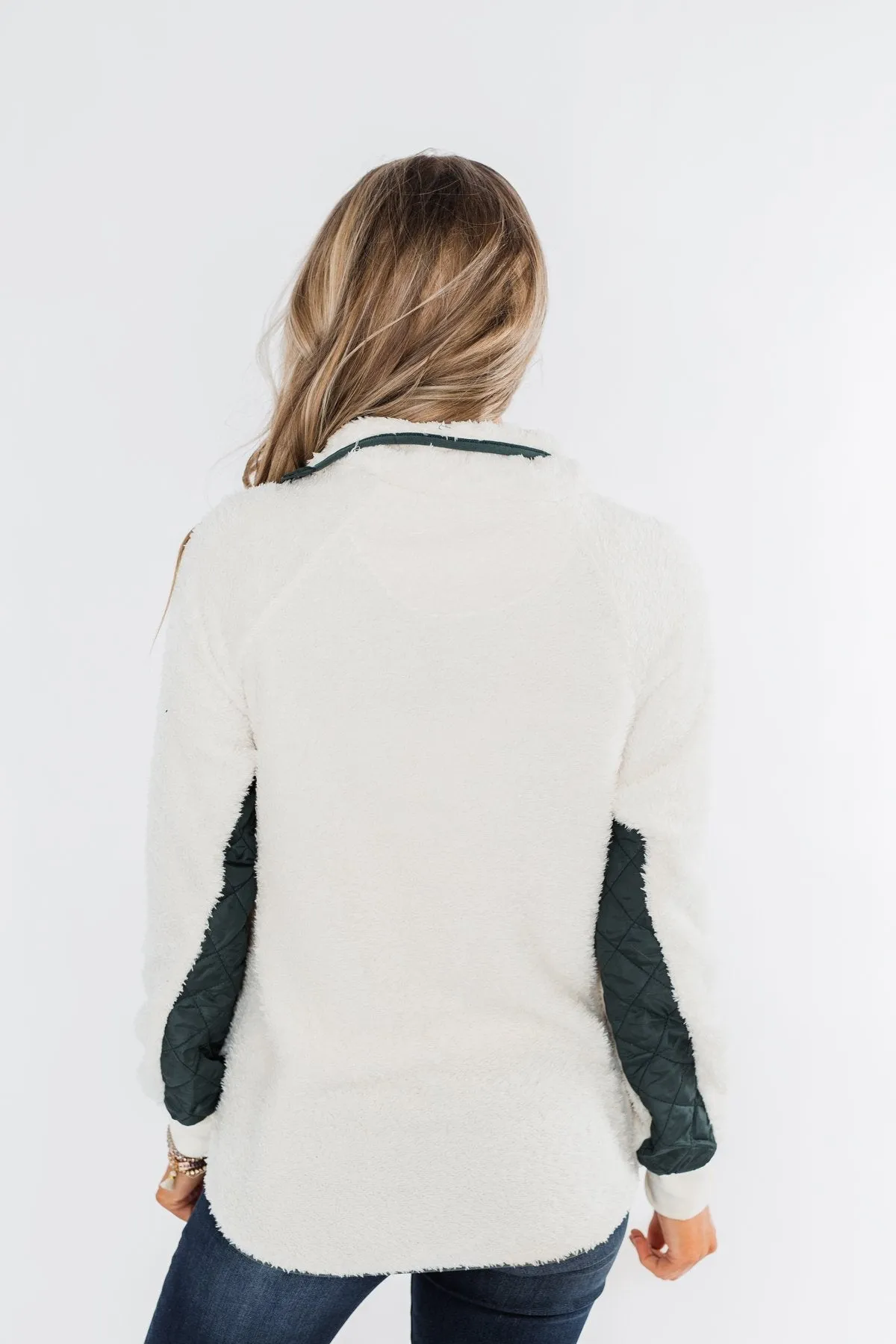 Quilted Sherpa Pullover- Ivory & Hunter Green