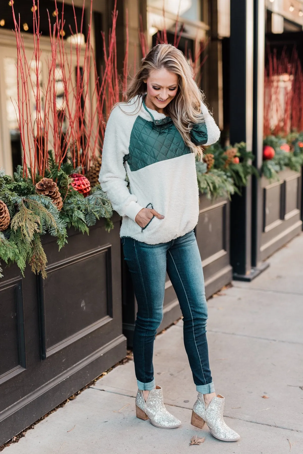 Quilted Sherpa Pullover- Ivory & Hunter Green