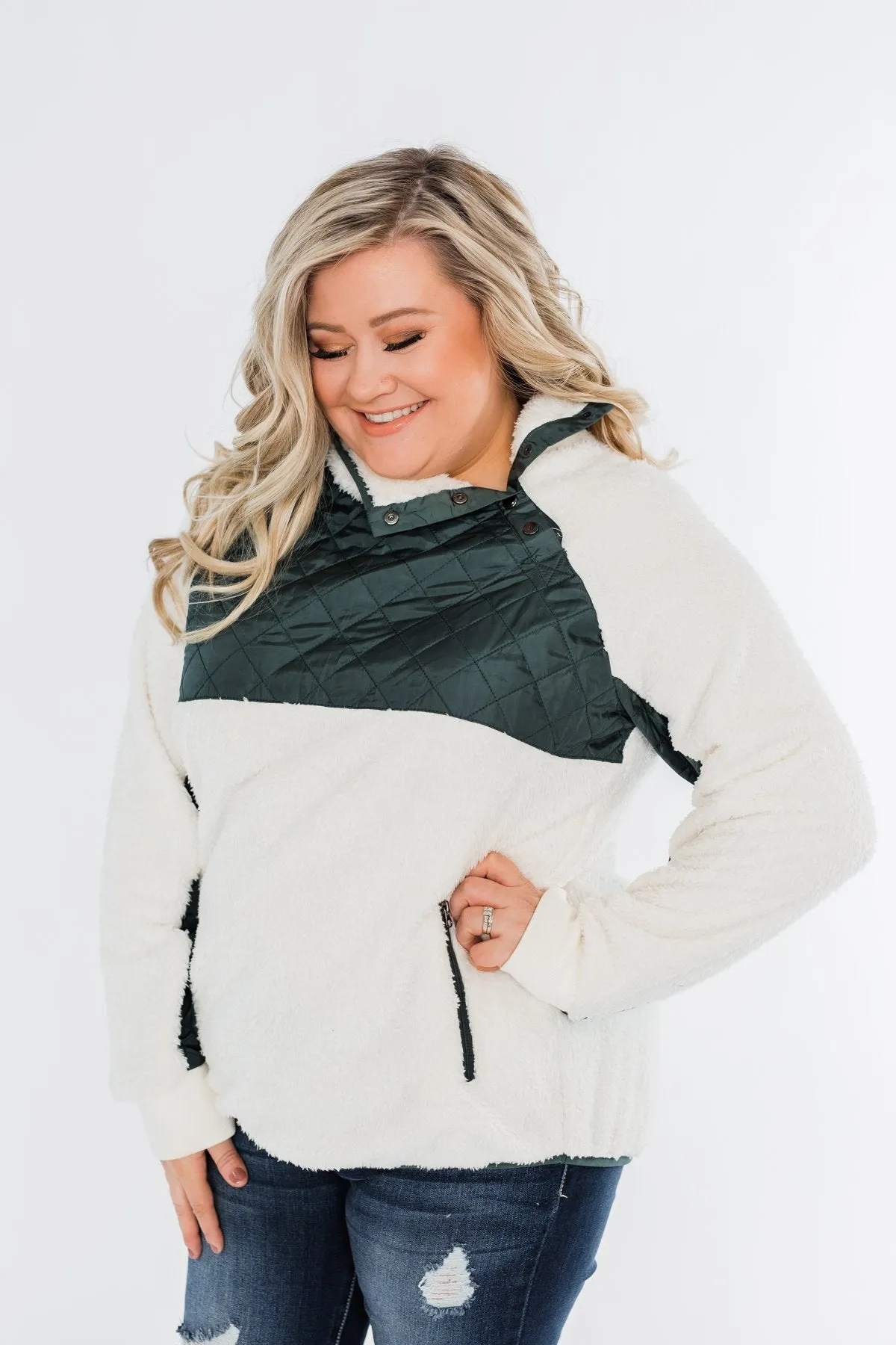 Quilted Sherpa Pullover- Ivory & Hunter Green