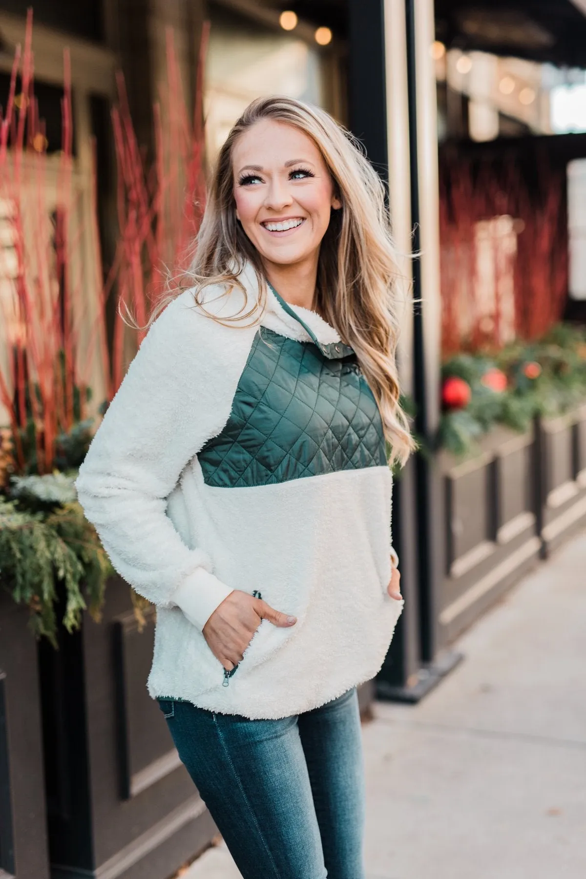 Quilted Sherpa Pullover- Ivory & Hunter Green