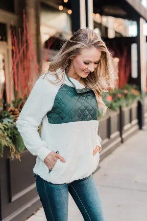 Quilted Sherpa Pullover- Ivory & Hunter Green