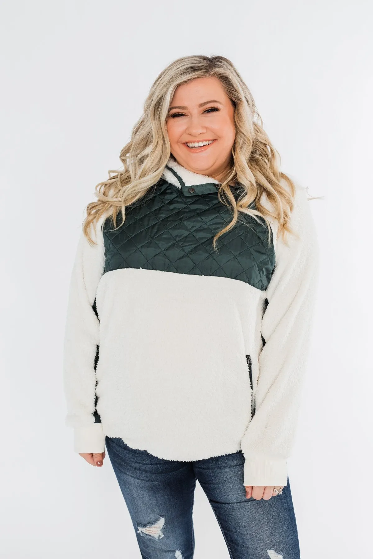 Quilted Sherpa Pullover- Ivory & Hunter Green