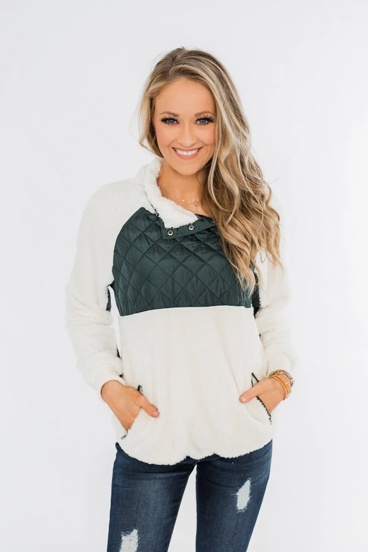 Quilted Sherpa Pullover- Ivory & Hunter Green