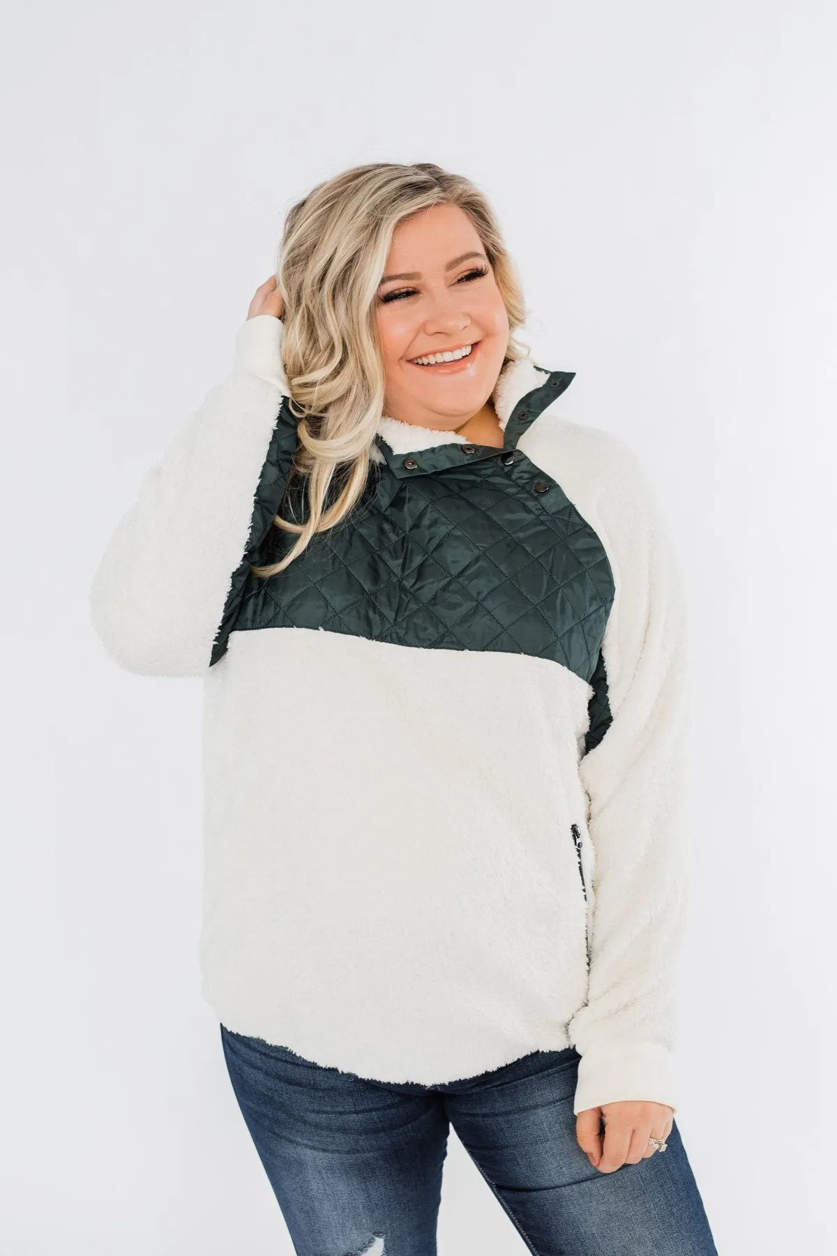 Quilted Sherpa Pullover- Ivory & Hunter Green