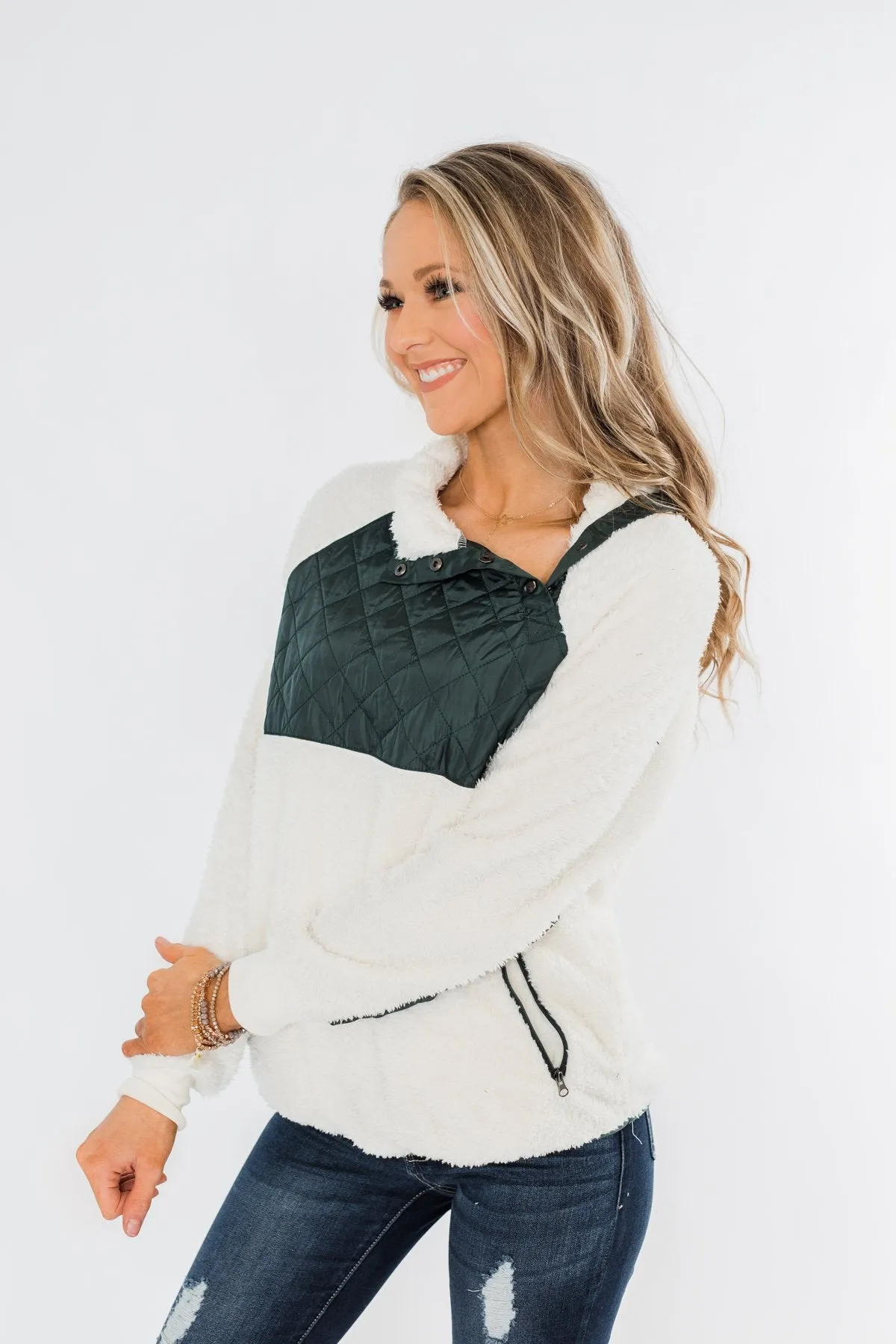 Quilted Sherpa Pullover- Ivory & Hunter Green