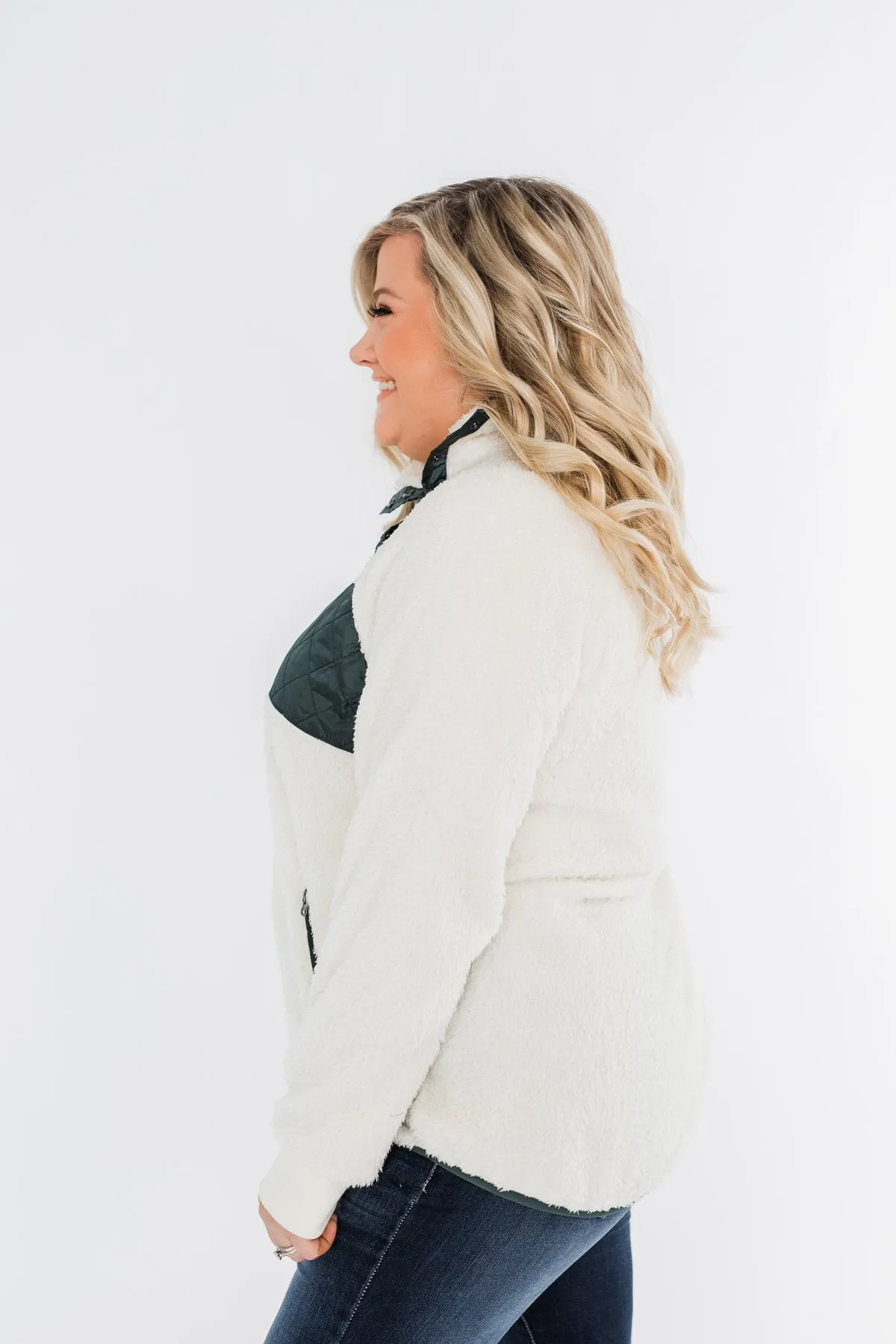 Quilted Sherpa Pullover- Ivory & Hunter Green