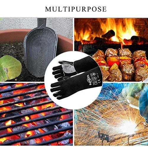 RAPICCA Fireplace Leather Gloves with Kevlar Stitching,Perfect for Wood Stove/Grilling Black 16in