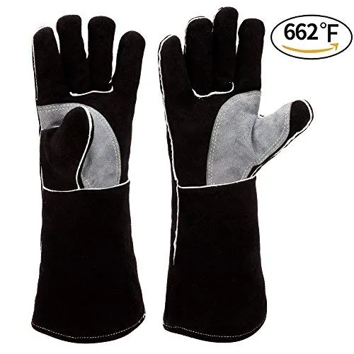 RAPICCA Fireplace Leather Gloves with Kevlar Stitching,Perfect for Wood Stove/Grilling Black 16in