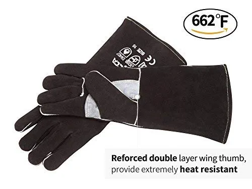 RAPICCA Fireplace Leather Gloves with Kevlar Stitching,Perfect for Wood Stove/Grilling Black 16in