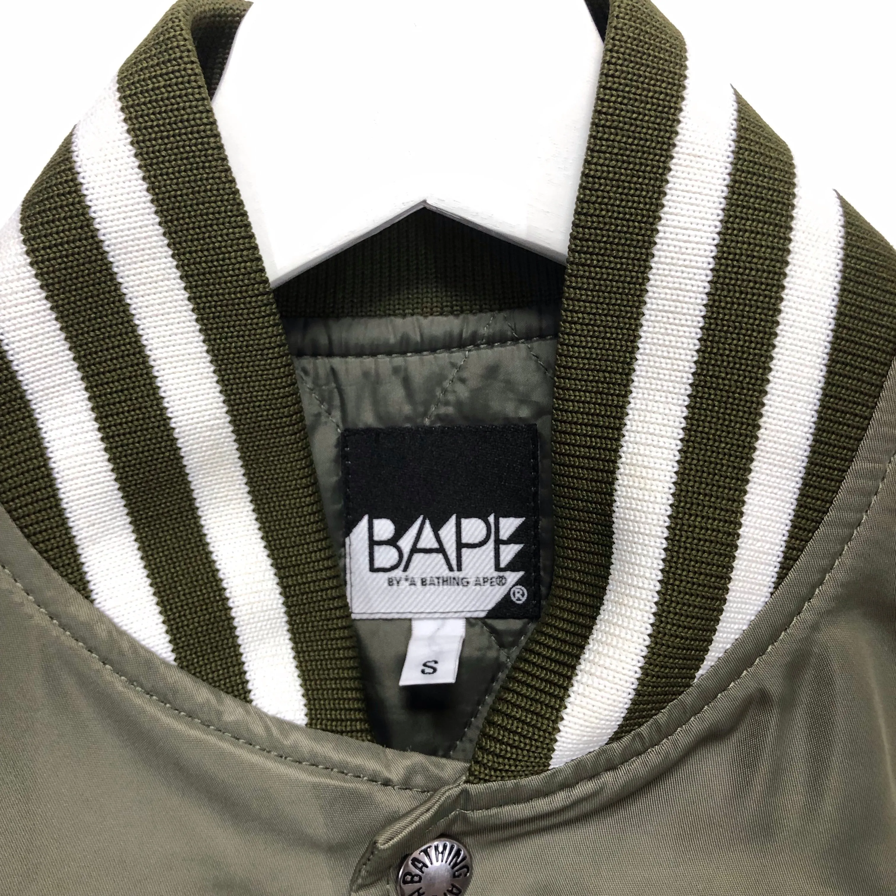 [S] A Bathing Ape Bape Script Logo Satin Baseball Jacket Olive
