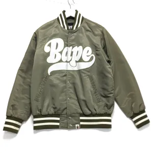 [S] A Bathing Ape Bape Script Logo Satin Baseball Jacket Olive