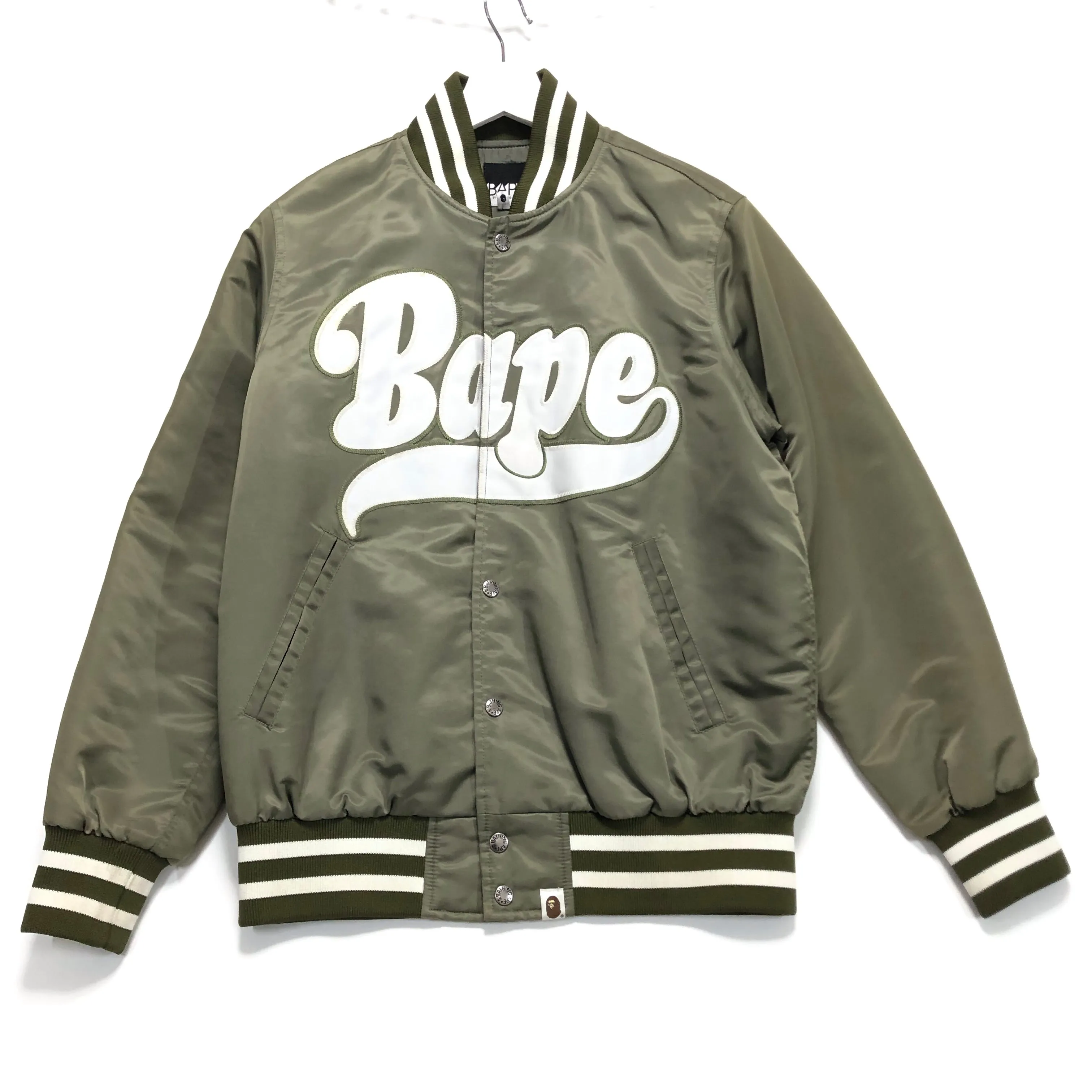 [S] A Bathing Ape Bape Script Logo Satin Baseball Jacket Olive
