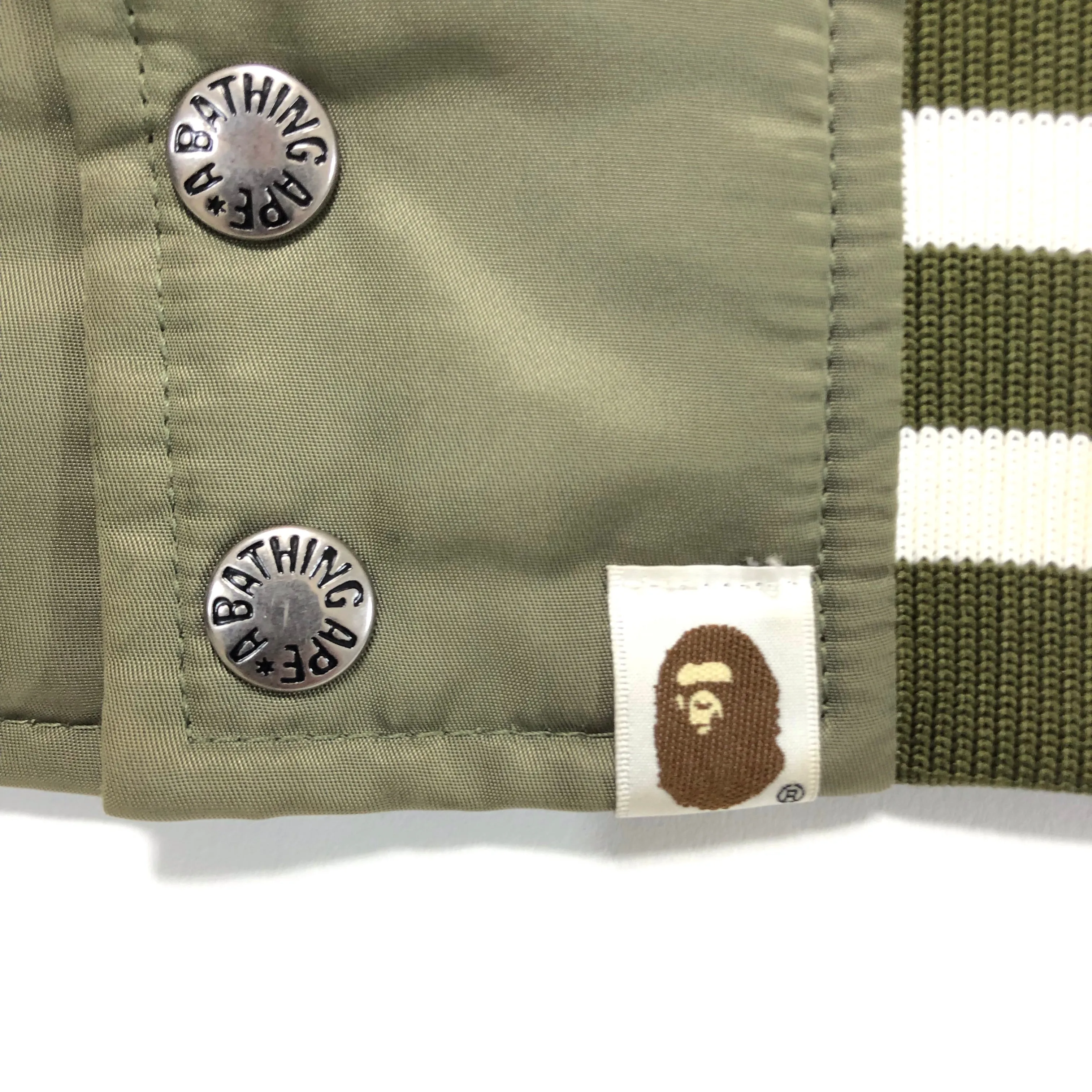 [S] A Bathing Ape Bape Script Logo Satin Baseball Jacket Olive
