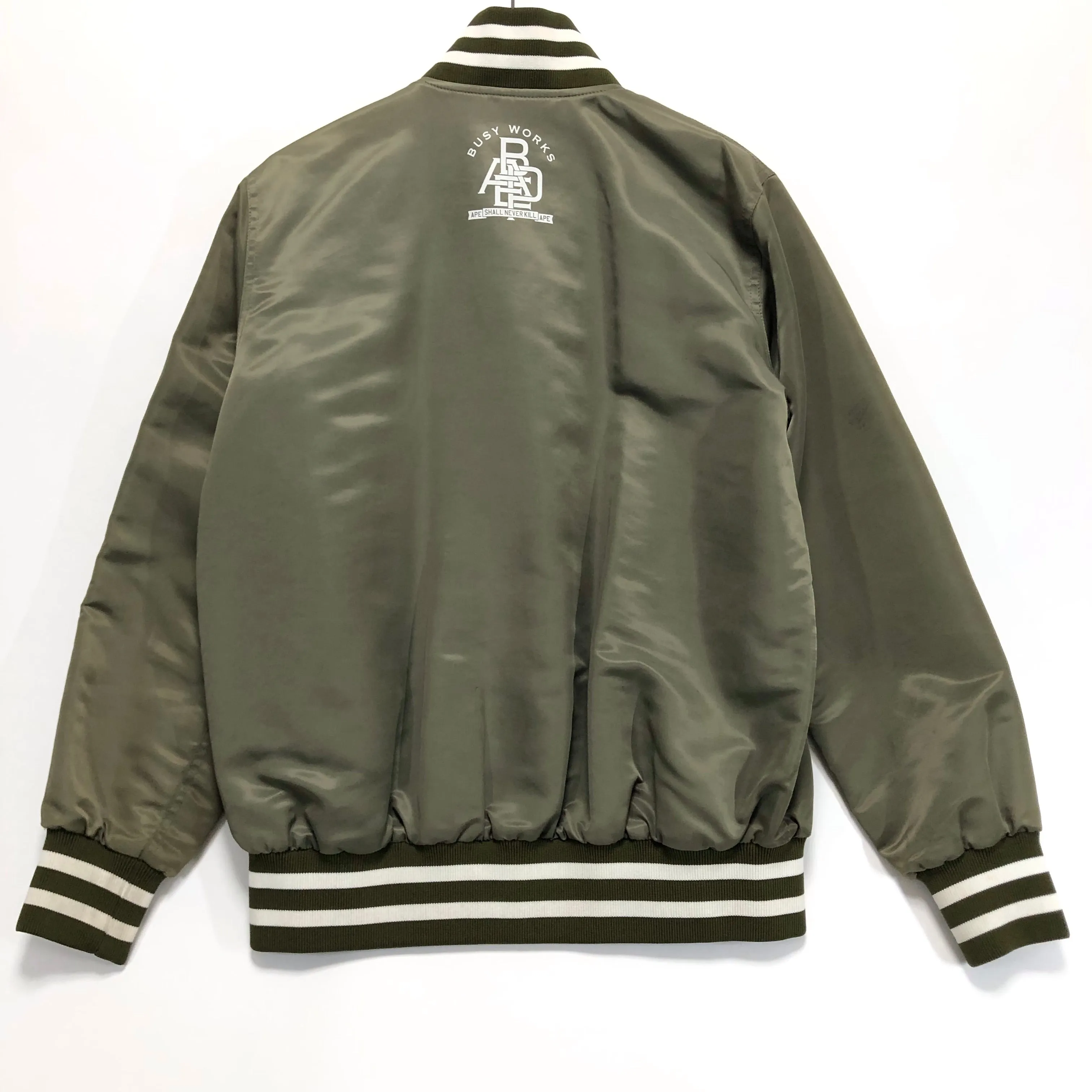 [S] A Bathing Ape Bape Script Logo Satin Baseball Jacket Olive