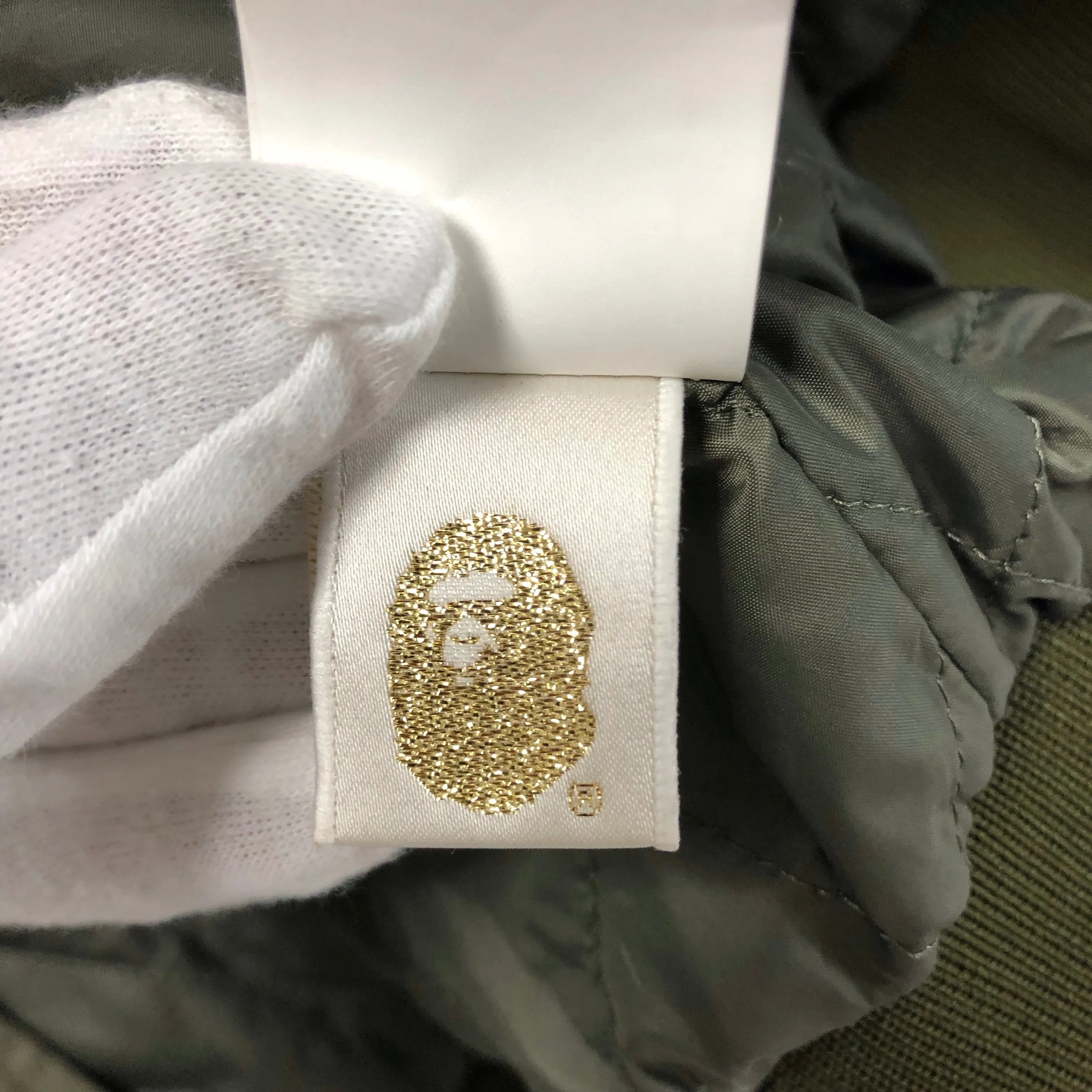 [S] A Bathing Ape Bape Script Logo Satin Baseball Jacket Olive