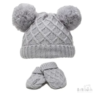 SMALL GREY 'DIAMOND' KNIT POM-POM HAT & MITTEN SET: H624-G-SM