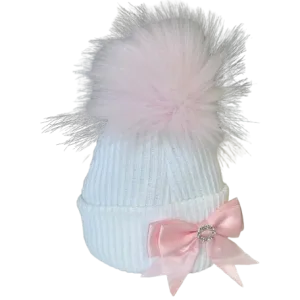Starlight Single Pom Hat with Bow & Diamante - White/Pink