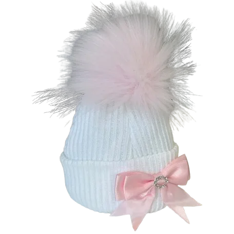 Starlight Single Pom Hat with Bow & Diamante - White/Pink
