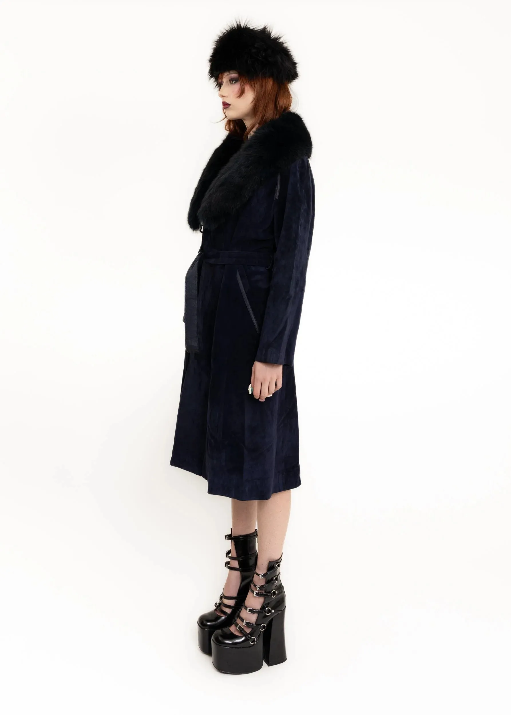 Suede coat with fox fur collar