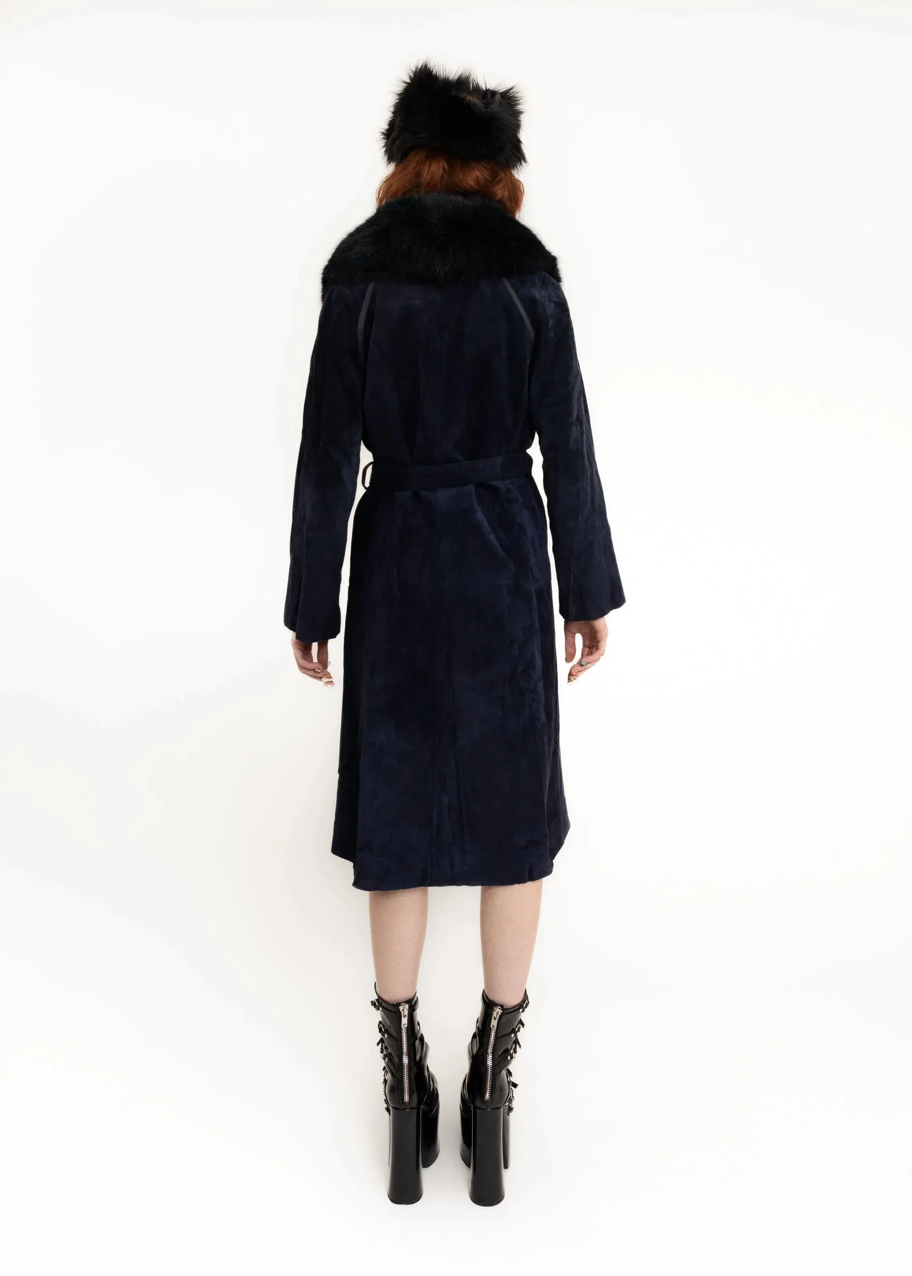 Suede coat with fox fur collar