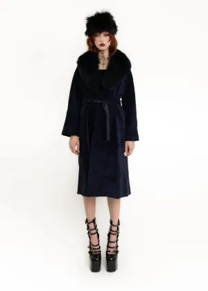 Suede coat with fox fur collar