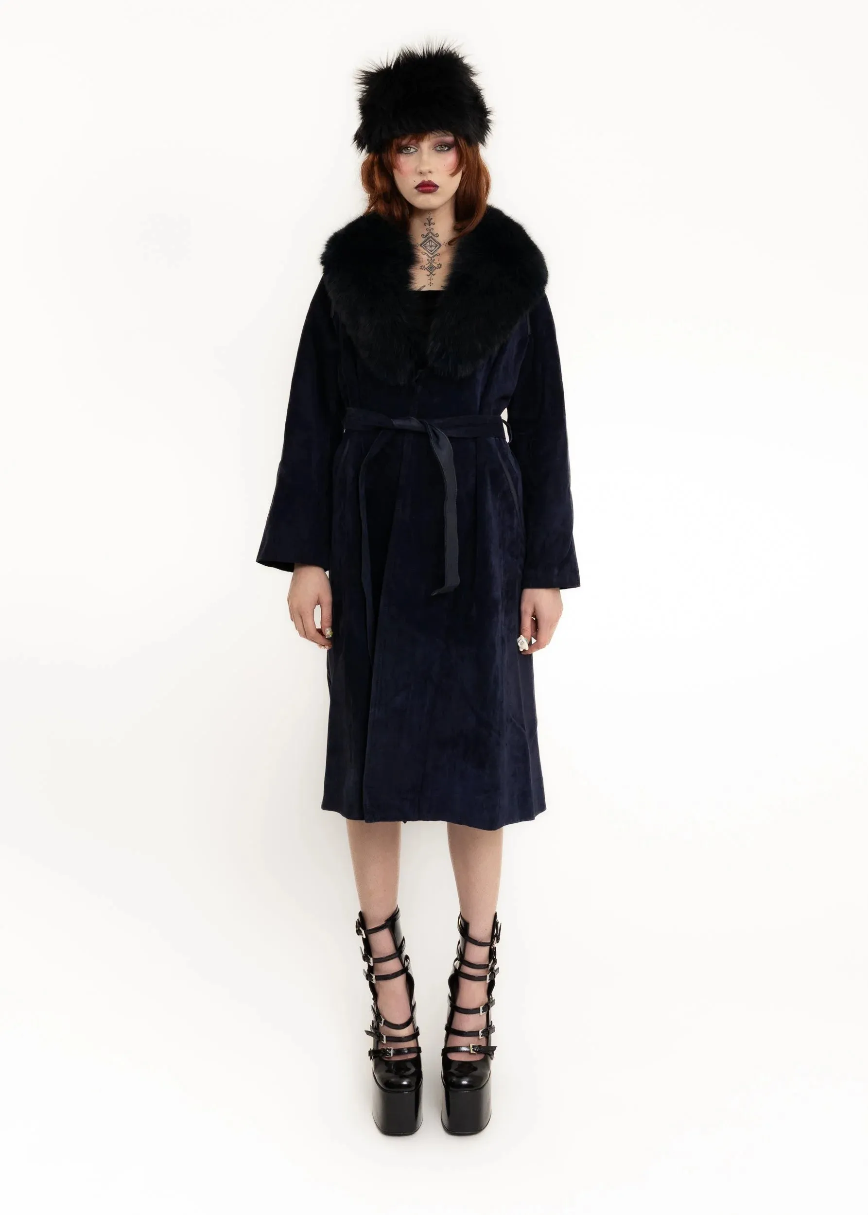 Suede coat with fox fur collar
