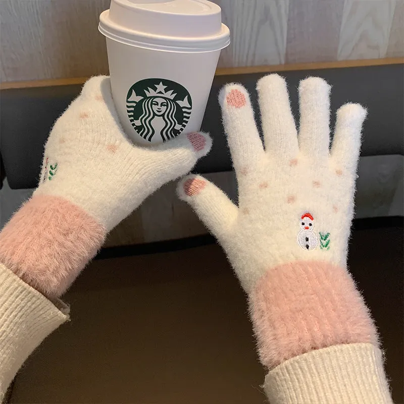 Sweet Korean Ins Gloves for Women. Winter Cute Christmas Snowman Plush Knitted Woolen Gloves for Students. Warm and Trendy in Winter.C241021-2