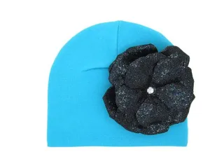 Teal Cotton Hat with Sequins Black Rose