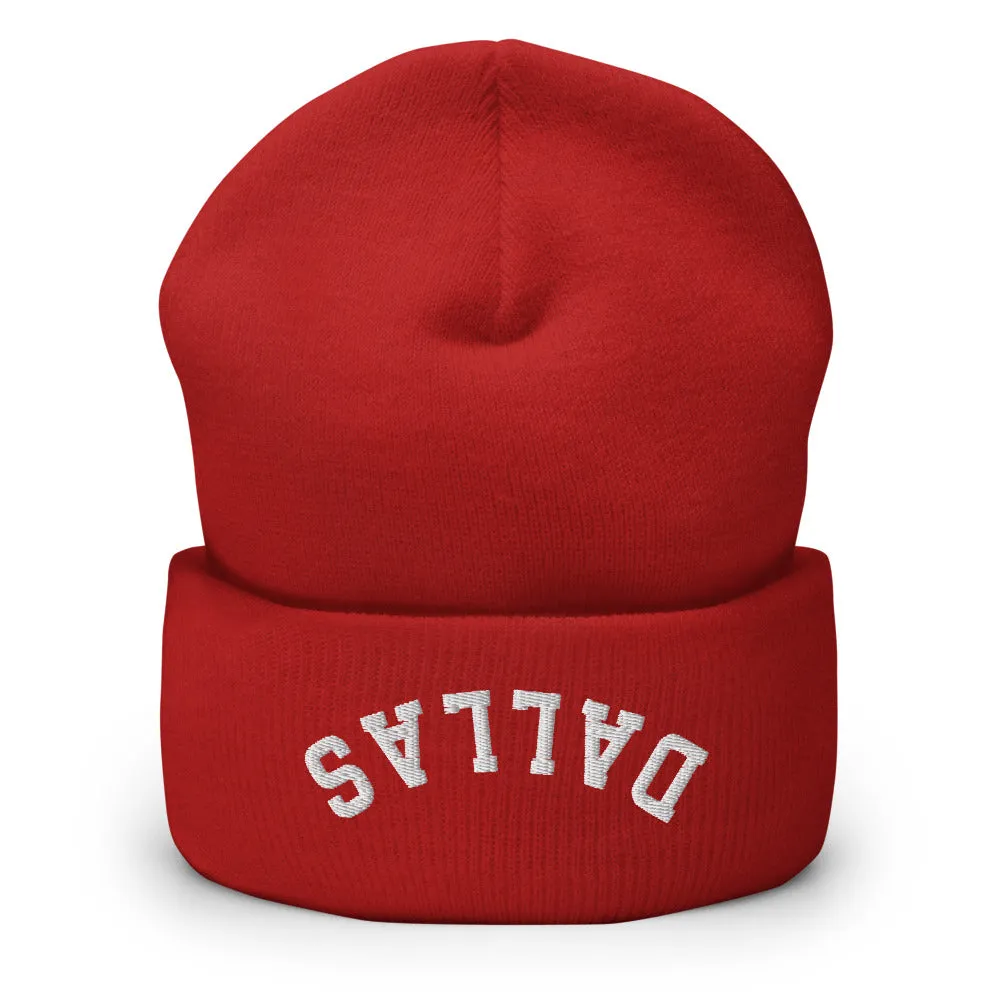 Upside Down Dallas Cuffed Beanie, Inverted Dallas Embroidered Knit Hat